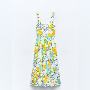 ZARA LINEN BLEND PRINTED MIDI DRESS